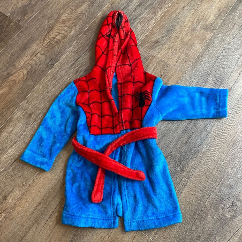 Marvel Spider-Man Toddler Boys Plush Hooded‎ Bathrobe Blue Red Size 2T XXS